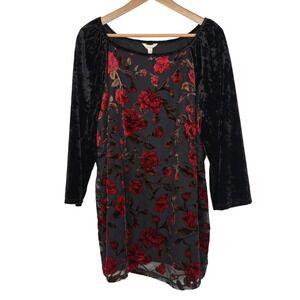 Adiva Women Velvet Burnout Top Sz 1X Black Floral 3/4 Raglan Sleeve Fairy Grunge